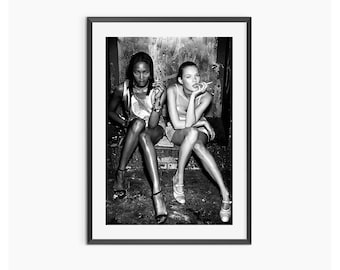 Affiche de Kate Moss Naomi Campbell, impression féministe, noir et blanc, photographie vintage, art mural mode, décoration de chambre de filles, téléchargement numérique