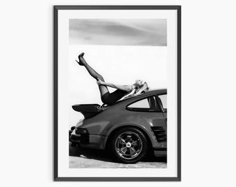 Impresión de mujer en coche, blanco y negro, arte mural de lujo, fotografía de moda, decoración de habitaciones de moda, impresión de alta sociedad, descarga digital