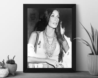 Cher Poster, Vintage Black and White Wall Art, 70s Fashion Icon
