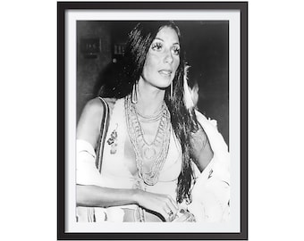 Cher Poster, Vintage Black and White Wall Art, 70s Fashion Icon