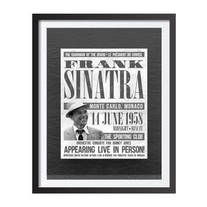 May include: Black and white framed print featuring a vintage concert poster for Frank Sinatra's performance in Monte Carlo, Monaco, on June 14, 1958. The poster includes a photograph of Sinatra and details about the event.