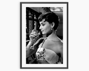 Audrey Hepburn Drinking Wine Poster, Bar Cart Print, Black and White, Vintage Photo, Retro Wall Art, Old Hollywood Decor, Digital Download