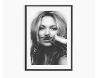 Impression Kate Moss, noir et blanc, affiche Kate Moss, art mural mode, photographie vintage, décoration de chambre Hypebeast, téléchargement numérique, décoration de l'an 2000