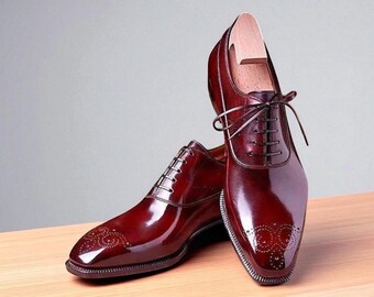 Men handmade bespoke red leather oxford brogue lace up shoes