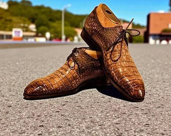Men handmade two tone alligator print leather formal laceup shoes