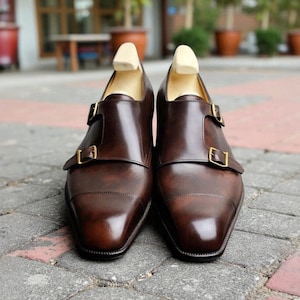 Men handmade bespoke brown leather double monk strap formal dress shoes