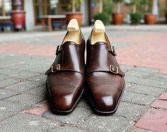 Men handmade bespoke brown leather double monk strap formal dress shoes