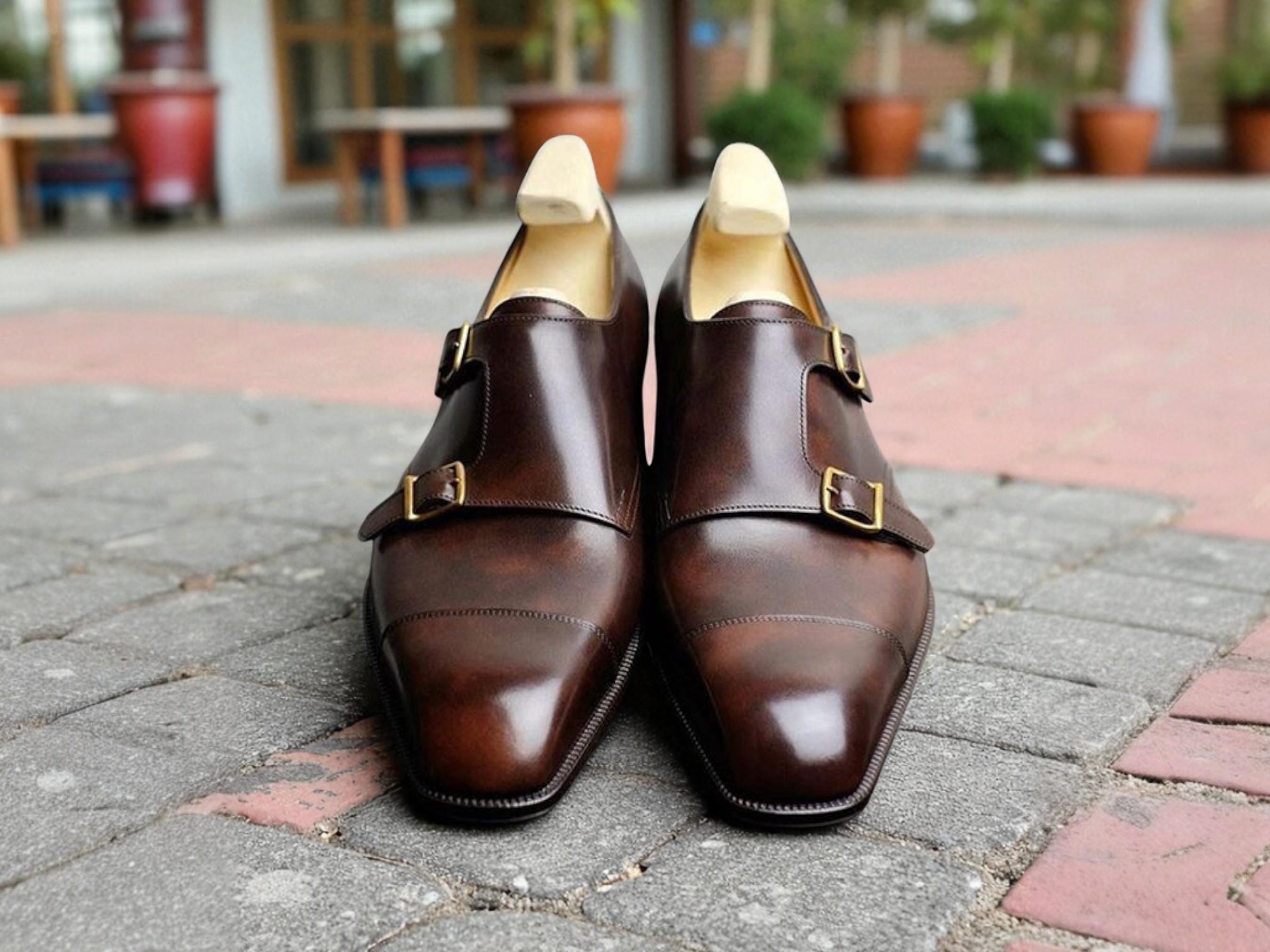 mens brown dress shoes monk strap Handmade Cap Toe Brown Genuine Double Monk Strap Office Dress Shoes for Men Personalised Gift