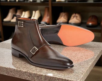 Herren handgefertigte maßgeschneiderte braune Leder Doppel Monch Strap Knöchel hohes formelles Kleid Boot