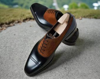 Men handmade bespoke two tone brown leather and suede leather oxford formal shoes