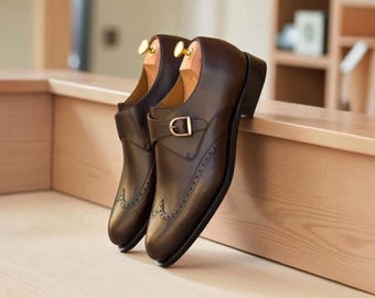 Men handmade bespoke brown leather single monk strap buckle shoes