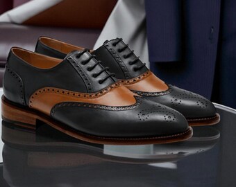 Men handmade bespoke two tone black and brown leather brogue wingtip oxford laceup shoes
