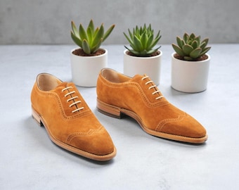 Men handmade bespoke beige suede leather wingtip oxford laceup shoes