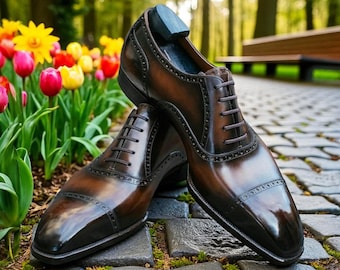 Men handmade bespoke two tone brown leather oxford formal laceup dress shoes