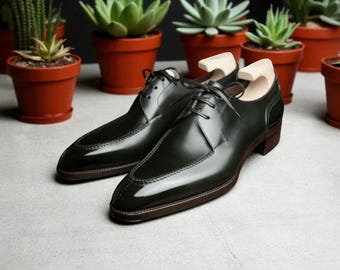 Men handmade bespoke black leather oxford formal laceup dress shoes