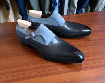 Handmade Men's Two-Tone Leather Single Monk Strap Shoes