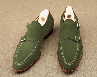 Men handmade bespoke green suede leather double monk strap shoes