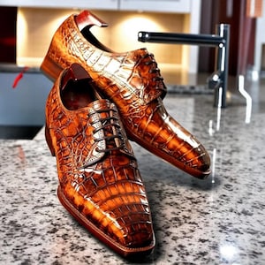 Men handmade bespoke tan alligator print leather oxford formal laceup dress shoes