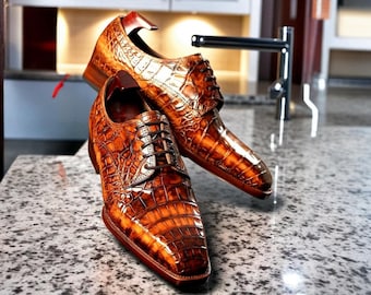 Men handmade bespoke tan alligator print leather oxford formal laceup dress shoes