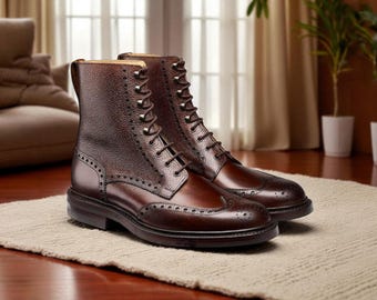 Men handmade bespoke brown leather ankle high boots