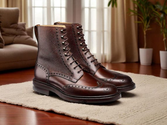 Men Handmade Bespoke Brown Leather Ankle High Boots - Etsy display picture 1