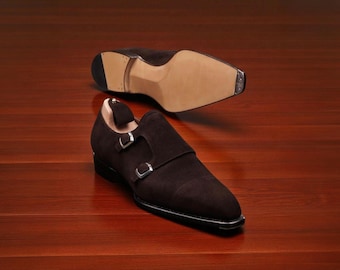 Men handmade bespoke brown suede leather double monk strap shoes