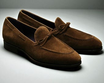 Men handmade bespoke brown suede leather loafer shoes