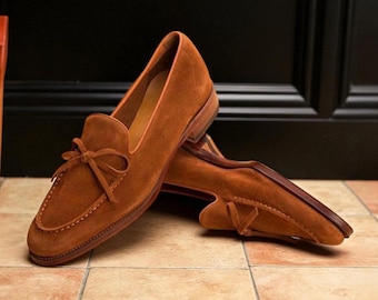 Men handmade bespoke brown suede leather slip on penny loafer shoes