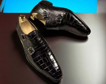 Men handmade bespoke black alligator print leather double monk dress oxford shoes