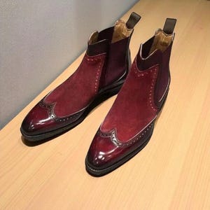Handmade bespoke Two-Tone Leather Chelsea Boots: Maroon & Burgundy Suede