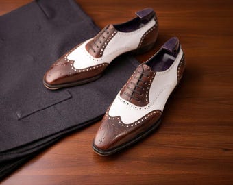 Men handmade bespoke two tone brown and white leather wingtip oxford shoes
