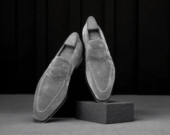 Men handmade bespoke grey suede leather moccasin shoes