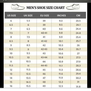 May include: A shoe size chart titled "MEN'S SHOE SIZE CHART" showing conversions between UK, US, and EU sizes, inches, and cm. Sizes range from UK 5.5 (23.5 cm) to UK 15.5 (31.8 cm).