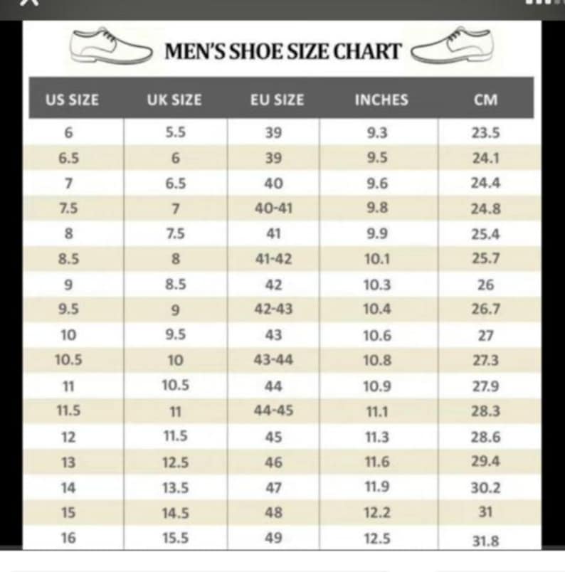 May include: A shoe size chart titled "MEN'S SHOE SIZE CHART" showing conversions between UK, US, and EU sizes, inches, and cm. Sizes range from UK 5.5 (23.5 cm) to UK 15.5 (31.8 cm).