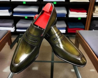 Men handmade bespoke green leather slip on moccasin shoes