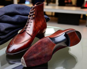 Handgemaakte op maat gemaakte bruin getinte leren oxford hoge enkellaarzen met veters