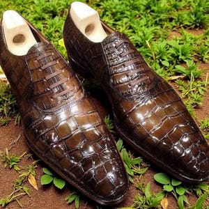Men handmade bespoke brown alligator print leather oxford formal laceup dress shoes