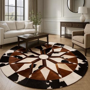 rond fait main en patchwork de poils de vache | Tapis de style ferme rustique | Décoration d'intérieur confortable