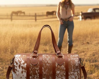 Borsa da viaggio in pelle di vacchetta con pelo realizzata a mano: borsa da weekend rustica