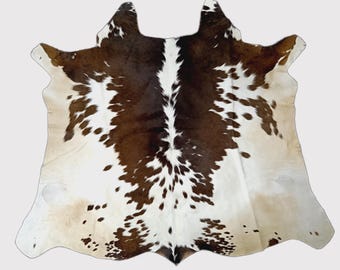 Brown & White Cowhide Rug, Genuine Hair-on Rug, Rustic Boho Decor
