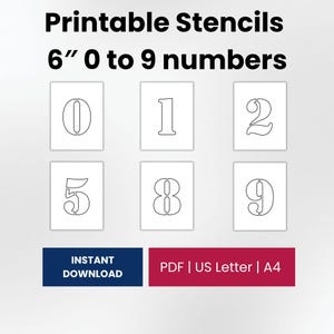 May include: Printable stencils featuring 6-inch numbers 0 to 9. The image displays black outlines of numbers 0, 1, 2, 5, 8, and 9 on white rectangular backgrounds. Text includes Printable Stencils, 6 inch 0 to 9 numbers, Instant Download, PDF, US Letter, and A4.