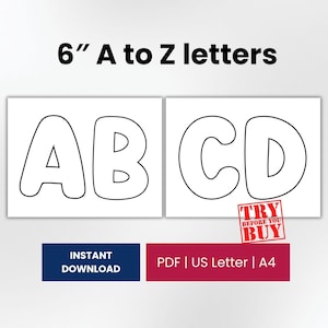 Puede incluir: Dos impresiones rectangulares blancas con contornos negros de las letras A, B, C y D. El texto "6" A to Z letters" está en la parte superior. Las impresiones miden 15,24 cm de altura. Las impresiones también incluyen el texto "Descarga instantánea" y "Prueba antes de comprar".