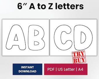 Könnte beinhalten: Eine digitale Vorlage mit 15,24 cm hohen Großbuchstaben A bis D in einer fetten, abgerundeten schwarzen Kontur auf weißem Hintergrund. Das Bild enthält den Text 6" A to Z letters, TRY BEFORE YOU BUY, INSTANT DOWNLOAD, PDF, US Letter und A4.