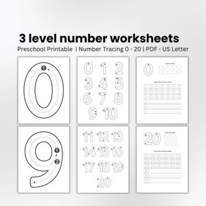 May include: A collection of white number tracing worksheets for preschoolers. The worksheets feature numbers 0-20 with dotted lines for tracing, plus instructions to colour circles and write the numbers. The image text reads "3 level number worksheets".