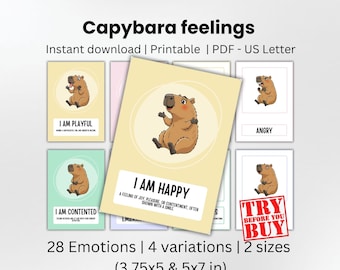 Puede incluir: Un conjunto de tarjetas imprimibles titulado Capybara feelings, con ilustraciones de capibaras expresando varias emociones. Las tarjetas incluyen texto como I AM PLAYFUL, I AM HAPPY y ANGRY. El set ofrece 28 emociones en 4 variaciones y 2 tamaños, 9,5x12,7 y 12,7x17,8 cm.