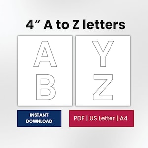 Puede incluir: Dos impresiones cuadradas blancas con letras A, B, Y y Z en contorno negro. El texto "4" A to Z letters" está en la parte superior. Debajo hay dos rectángulos de color con el texto "INSTANT DOWNLOAD" y "PDF | US Letter | A4".