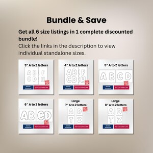 May include: A digital bundle listing featuring six size options for A to Z letters, ranging from 3 inches to 8 inches. Each square graphic displays letter outlines, an instant download icon, and PDF US Letter A4 format text on a light background.