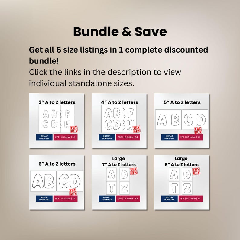 May include: A digital bundle listing featuring six size options for A to Z letters, ranging from 3 inches to 8 inches. Each square graphic displays letter outlines, an instant download icon, and PDF US Letter A4 format text on a light background.