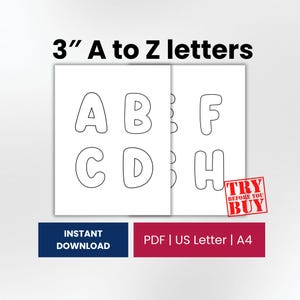 May include: A digital document featuring 3-inch tall outline letters from A to Z. The page displays uppercase letters in a bold, rounded font style. Text on the image includes 3" A to Z letters, TRY BEFORE YOU BUY, INSTANT DOWNLOAD, PDF, US Letter, and A4.