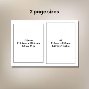 May include: A graphic displaying 2 page sizes with the text 2 page sizes at the top. Two white rectangles are shown side by side. The left rectangle is labeled US Letter, 215.9 mm x 279.4 mm, 8.5 in x 11 in. The right is labeled A4, 210 mm x 297 mm, 8.27 in x 11.69 in.